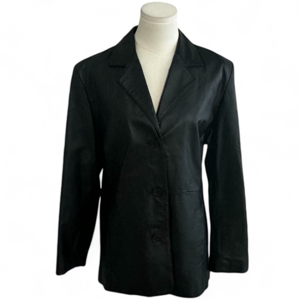 SHAVER LAKE Black‎ Leather Jacket Blazer Buttons Size PM M Casual Date Night VTG